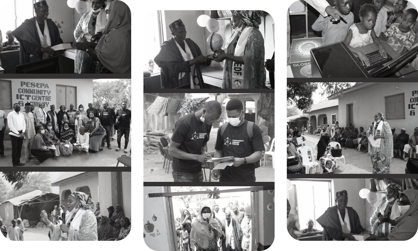 A collage of community library activities, including the Pesepa Community ICT Centre & Library