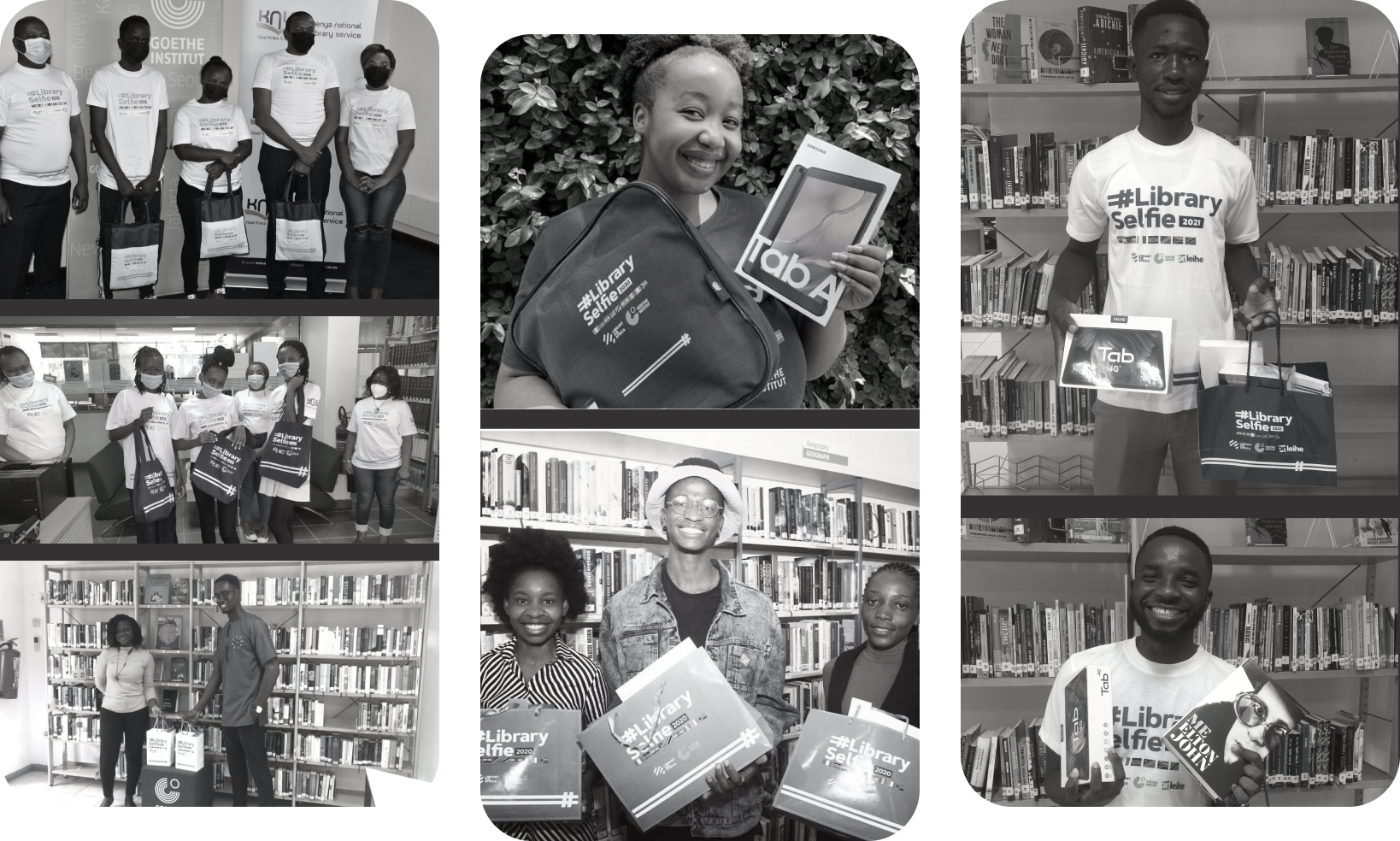 A collage of library users holding LibrarySelfie materials in libraries