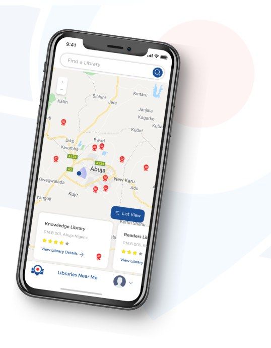 The Library Tracker app showing nearby libraries on a map